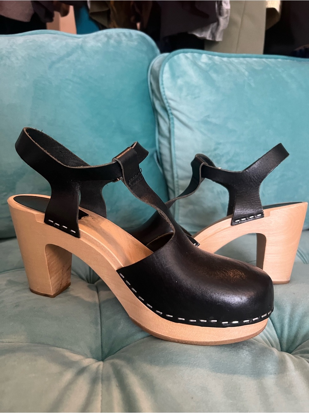 Black Leather T-Strap Clog Heels